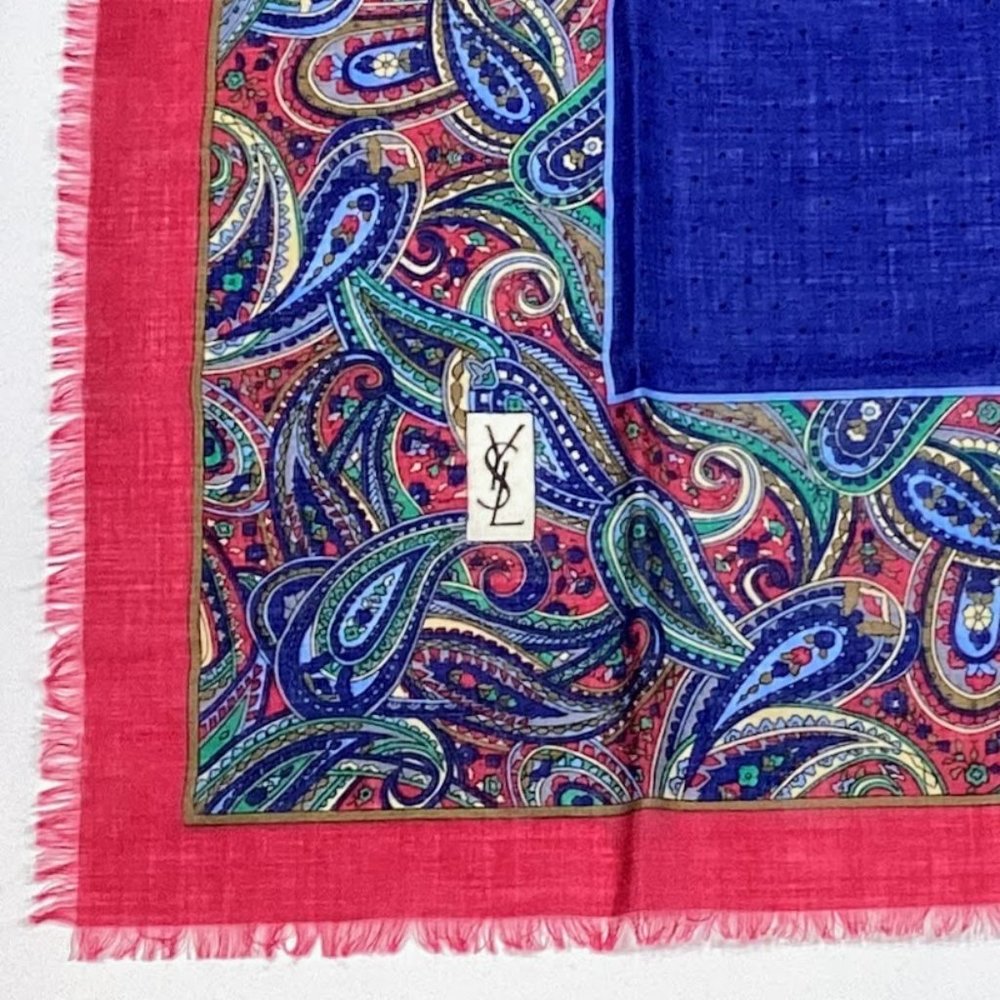 Vintage 70s Yves Saint Laurent Wool Paisley Polka Dot Fringed Scarf Fouard